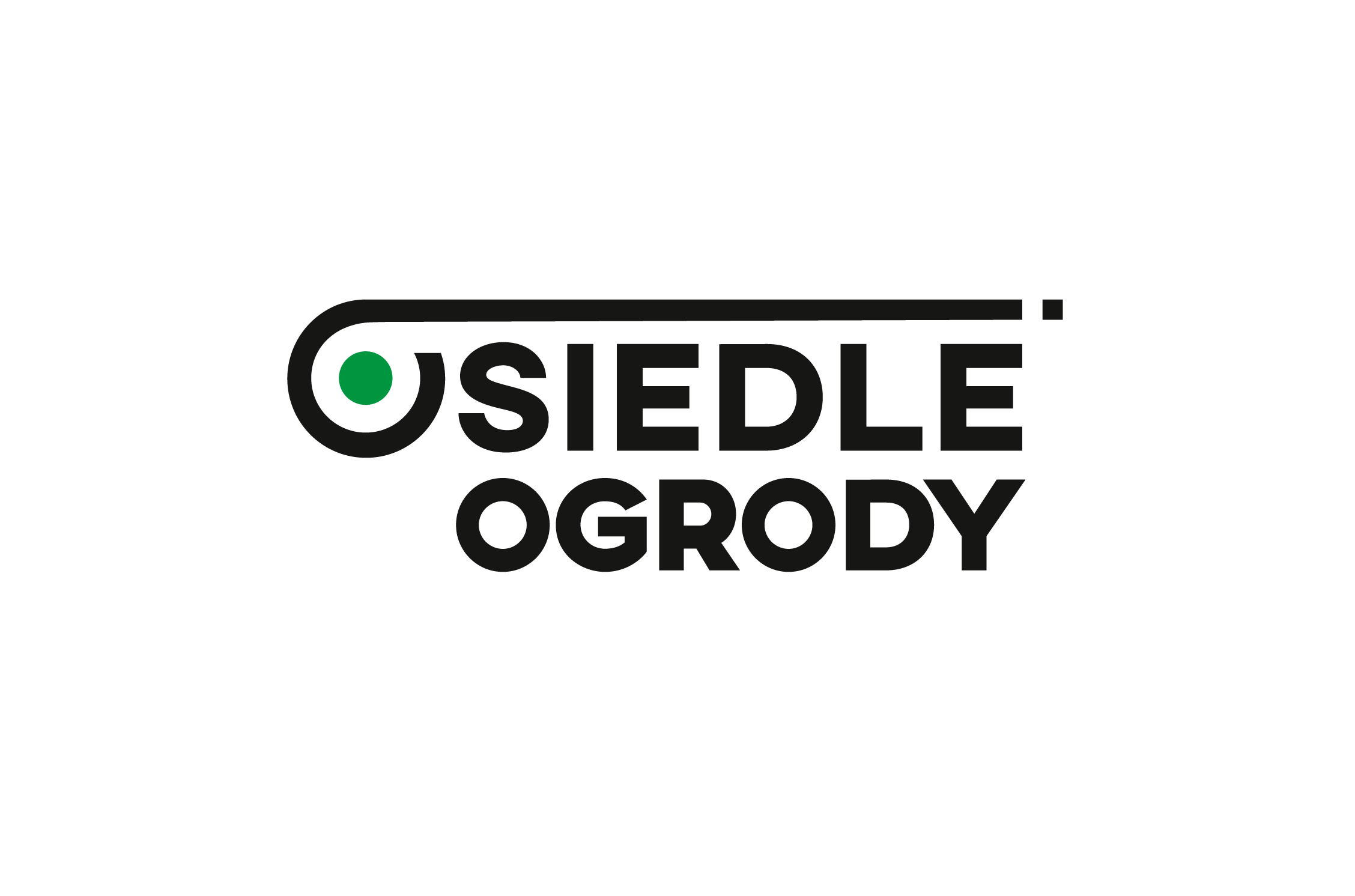 Czarny napis "Osiedle Ogrody" zielona duża kropka w pierwszym "O"